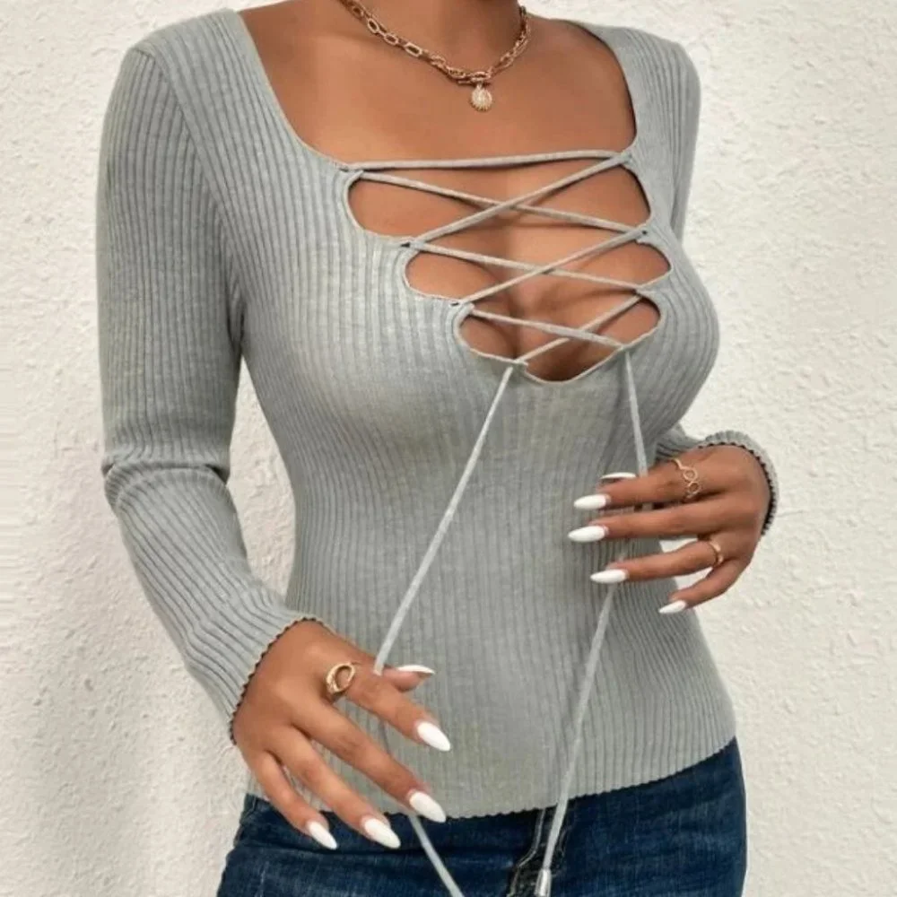 gray Lace Up Detailed Casual Long Sleeve Ribbed Shirt - Picture 5 of 6